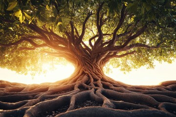 Leinwandbilder - The artwork illustrates a vibrant tree with intricate branches and roots, radiating warmth and life in a serene environment filled with sunlight. Generative AI