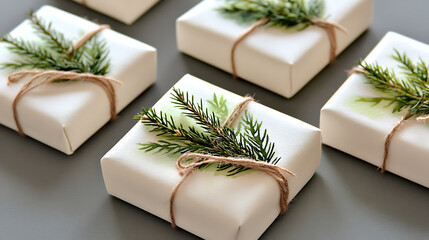 Minimalist Christmas gift design, elegant wrapping with natural twine and evergreen sprigs, watercolor style 