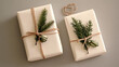 © Noon - Minimalist Christmas gift design, elegant wrapping with natural twine and evergreen sprigs, watercolor style