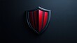 © Virtual Art Studio - Modern shield emblem with sleek metallic finish and bold red and black stripes against matte black backdrop. symbolizes protection, strength, and resilience, ideal for branding and gaming.