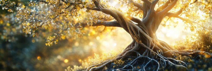 Leinwandbilder - A vibrant tree of life showcases its intertwining branches and roots, symbolizing growth and connection in a peaceful outdoor environment. Generative AI