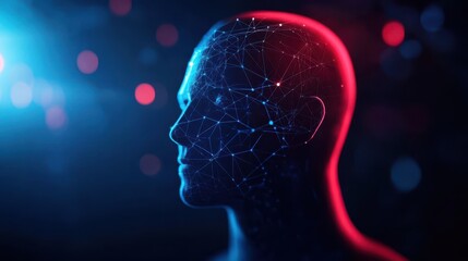 Wall Mural - silhouette of human head, formed by interconnected lines and nodes, glows with vibrant blue and red 