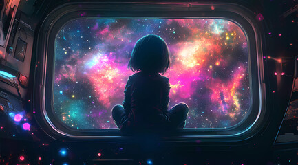 Wall Mural - A cute girl sitting in the window of a spaceship and looking at a colorful nebula, in the style of anime