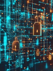 Fototapete - Bright abstract design features interconnected padlocks and keys, representing concepts of security and data protection in a digital realm. Generative AI