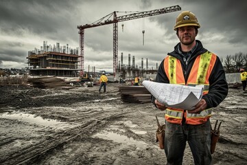 Fototapete - Engineer stands confidently on a busy construction site with blueprints in hand, directing workers amidst looming gray clouds. Generative AI