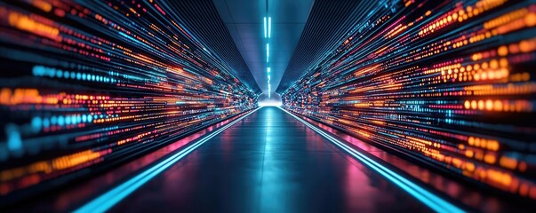 Wall Mural - Futuristic data tunnel with vibrant lights and movement.