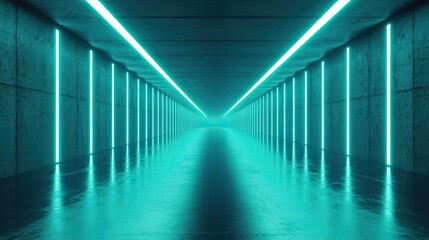 Sticker - Futuristic corridor with glowing neon lights and reflective floor.