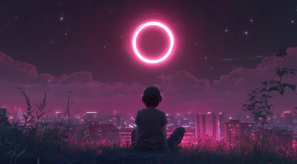 Wall Mural - A cute boy sitting on the grass, looking at a pink neon ring floating above him