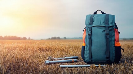 backpack with trekking poles in a grassy field at sunset.