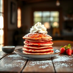 Wall Mural - stack of red strawberry flavored pancakes on a plate