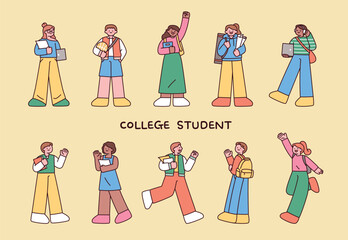 Wall Mural - college student character set.outline simple vector illustration.