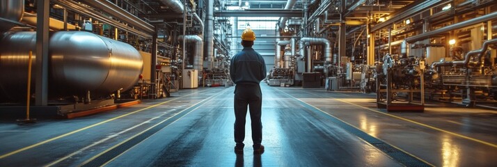 Aufkleber - Engineer in safety gear stands facing machinery in a spacious industrial factory filled with pipes and equipment under bright lights. Generative AI