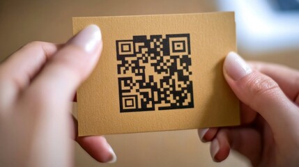 a person holds a brown card featuring a prominent black qr code.