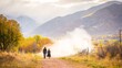 © MetaKibo - A couple walking on a path through a scenic landscape with mountains.