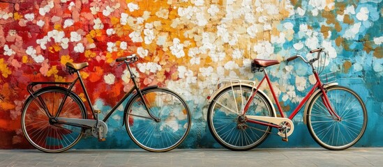 Wall Mural - two vintage bicycles parked in front of a colorful wall.