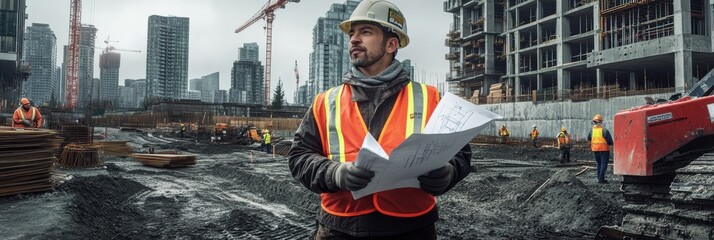 Fototapete - Engineer stands confidently at a bustling construction site, reviewing blueprints and directing workers in the project’s development during daylight. Generative AI