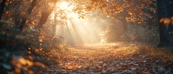 Wall Mural - Sunbeams illuminate autumnal path.