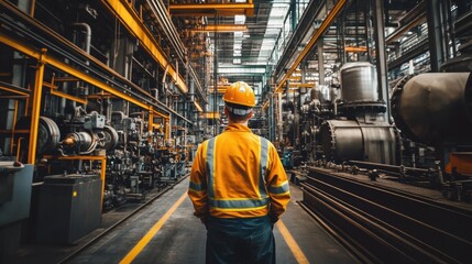 Aufkleber - An engineer in a bright safety jacket and hard hat stands in a bustling industrial factory, surrounded by complex machinery and equipment. Generative AI