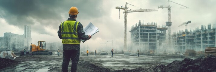 Poster - An engineer stands on a construction site, holding blueprints and monitoring multiple ongoing projects with cranes in the background. Generative AI