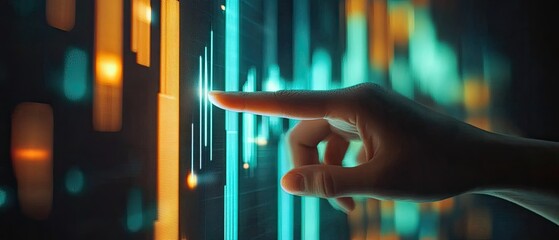 Wall Mural - Hand interacting with futuristic digital interface showing glowing data charts and graphs.