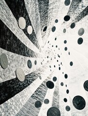 Leinwandbilder - Coins and price tags spiral downward in an abstract pattern, illustrating concepts of value, finance, and the movement of currency. Generative AI