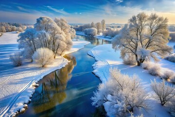 Wall Mural - Winter landscape with frozen river and bare trees