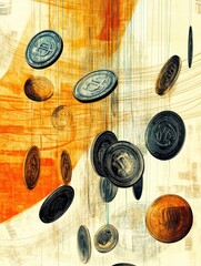 Leinwandbilder - Coins and price tags cascade down in a visually striking abstract drawing with a blend of colors and dynamic lines, creating a captivating effect. Generative AI
