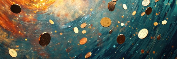 Leinwandbilder - Falling coins and price tags create a dynamic swirl, blending elements of finance and abstract art in a colorful cosmic backdrop. Generative AI
