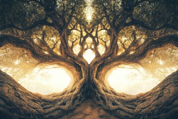 Leinwandbilder - Twisting branches and roots create a powerful visual representation of the tree of life, emphasizing growth, harmony, and interconnectedness. Generative AI