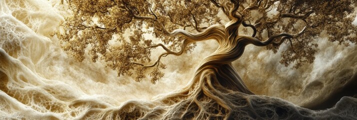 Leinwandbilder - The artwork illustrates an abstract tree of life with intertwining branches and roots, symbolizing growth and interconnectedness in nature. Generative AI