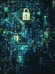 Fototapete - A vibrant digital abstract composition features interconnected padlocks and keys, symbolizing security and encryption in technology. Generative AI