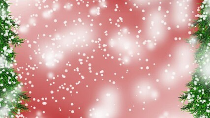 Wall Mural - Snowfall on red background with christmas tree illustration