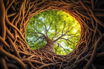 Aufkleber - This artwork depicts a vibrant tree of life with intricate branches and roots, representing unity and natural growth in a lush environment. Generative AI