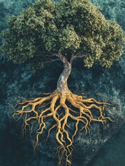 Leinwandbilder - An artistic representation illustrates a tree of life with detailed branches reaching skyward and strong roots anchoring deeply, reflecting unity. Generative AI