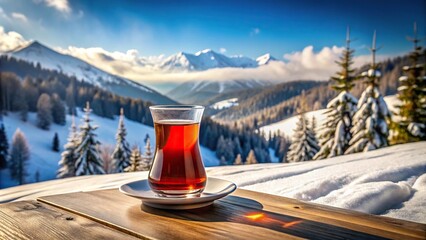 Wall Mural - Winter landscape with wide-angle view of Turkish tea