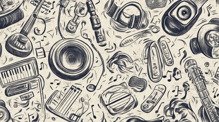 Poster - Doodle pattern showcases an array of musical instruments, notes, headphones, and speakers intricately combined in a dynamic design. Generative AI