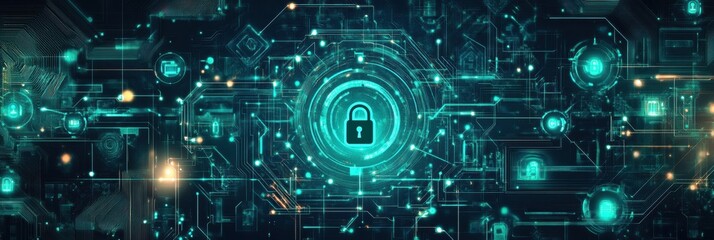 Fototapete - An intricate digital backdrop combines padlocks and keys, representing themes of security, protection, and digital safety in an abstract design. Generative AI