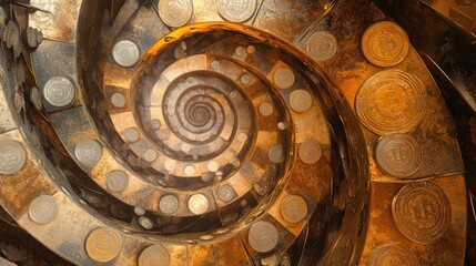 Leinwandbilder - An abstract drawing showcases a spiral of falling coins and price tags, evoking motion and value in a captivating design. Generative AI