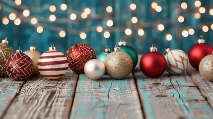 Wall Mural - Colorful Christmas ornaments on a wooden table.