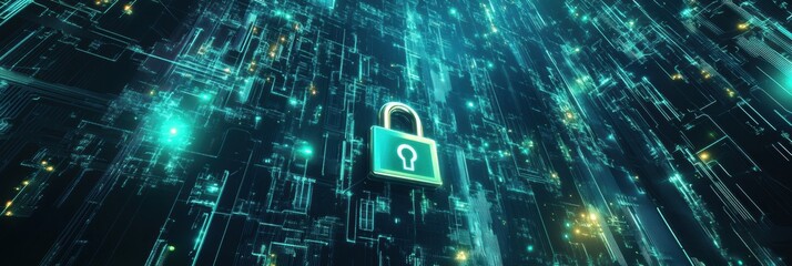 Fototapete - Combination of padlocks and keys creates a vibrant digital backdrop illustrating themes of security and encryption in modern technology. Generative AI