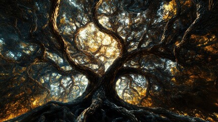 Leinwandbilder - The artwork features a dynamic tree of life, with detailed intertwining branches and roots symbolizing unity and the growth of nature. Generative AI
