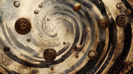 Leinwandbilder - An abstract drawing displays the motion of falling coins and price tags in a swirling pattern, evoking themes of value and trade. Generative AI