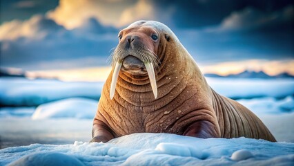 Wall Mural - Winter scene of a majestic walrus in snowy tundra