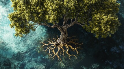 Leinwandbilder - A captivating tree of life showcases its lush branches and intricate roots, embodying themes of growth and interconnectedness in nature. Generative AI