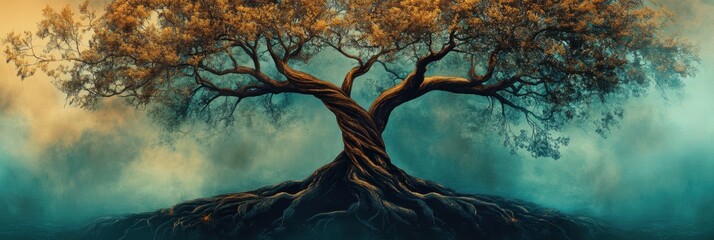 Leinwandbilder - An abstract tree of life displays intertwined branches and roots, embodying concepts of growth, unity, and interconnectedness in a tranquil setting. Generative AI
