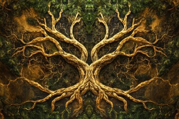 Fototapete - An abstract tree of life showcases intricate branches and roots, symbolizing growth and interconnection within nature's ecosystem. Generative AI
