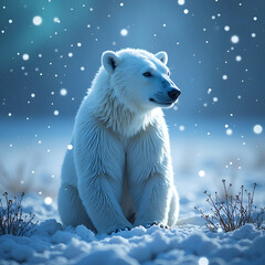 Wall Mural - Majestic polar bear sitting serenity in a snowy landscape under gentle snowfall, photography of wildlife concept.