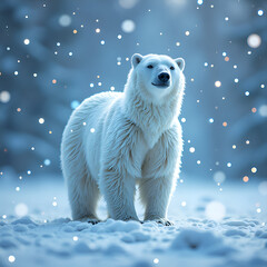 Wall Mural - Majestic polar bear in a snowy winter wonderland surrounded by falling snowflakes, digital art of wildlife portrait concept.