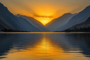 Fototapete - A serene sunset over a tranquil lake, surrounded by mountains, reflecting golden hues.