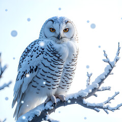 Wall Mural - Majestic snowy owl perched on a frosty branch amidst a gentle snowfall, photorealistic of wildlife concept.